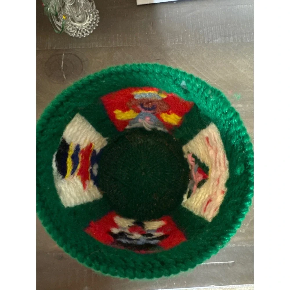 Vintage 1981 Handmade Needlepoint Christmas Snowman Angel Toy Soldier Green Cozy